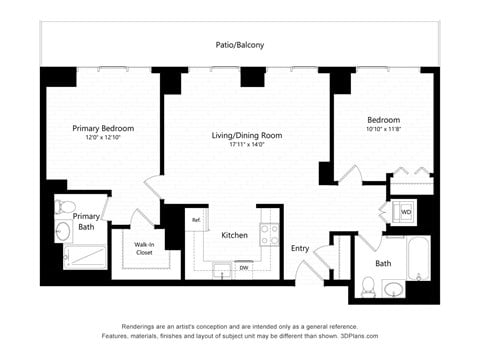 Floor plan for 2 beds, 2 baths, 1070 sqft